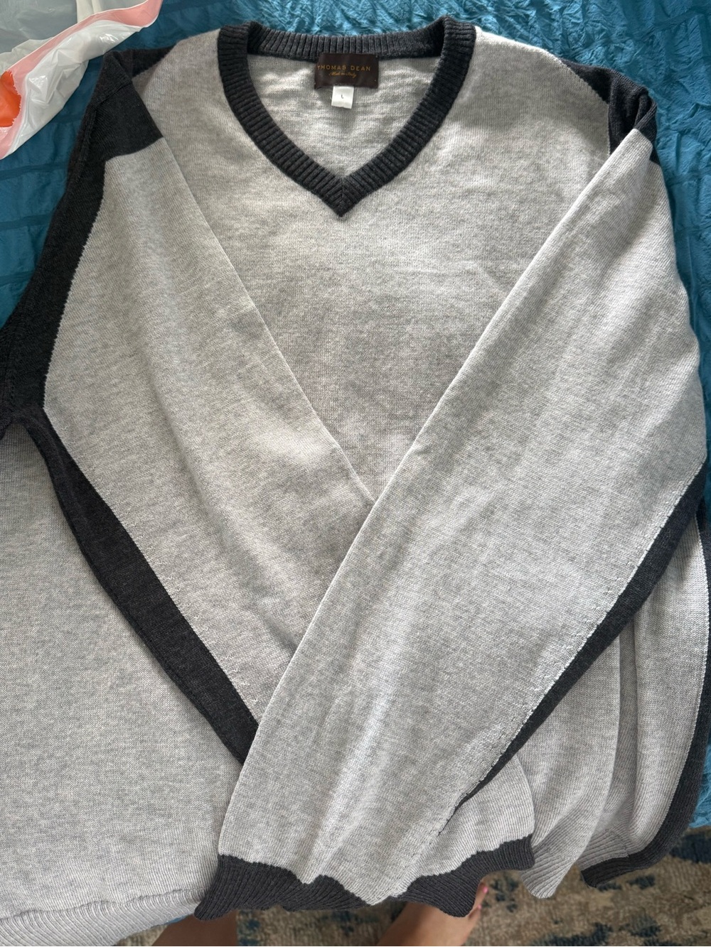 Thomas Dean Light Gray V-Neck Sweater with Black Trim